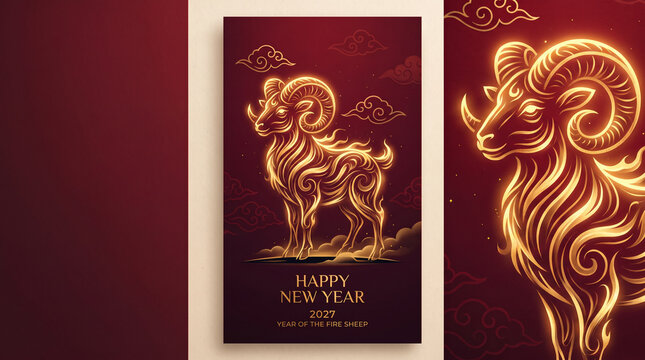 Chinese New Year 2027 Fire Goat Greeting Card with Elegant Golden Zodiac 