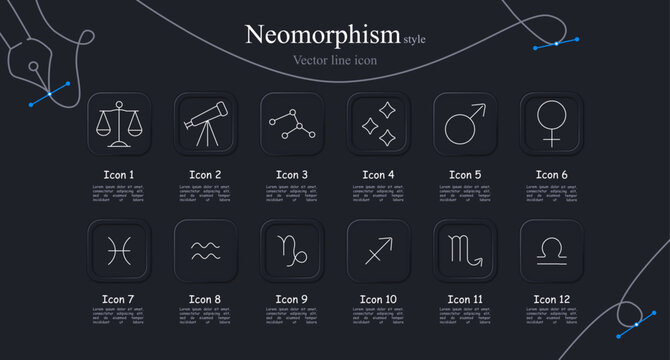 Astrology signs set icon. Scale balances libra. Scope views stars. Nodes link constellation. Sparks shine glitter. Symbol marks mars. Symbol marks venus. pisces. Waves mark aquarius. capricorn.