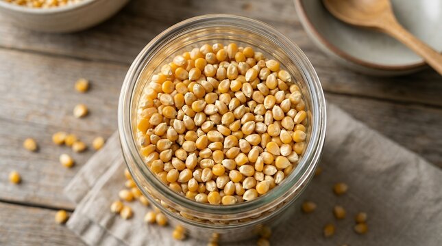 High angle view of whole unpopped corn kernels densely filled in a raw food storage container ideal for culinary agriculture and organic food themes background popcorn kernels corn yellow seed raw