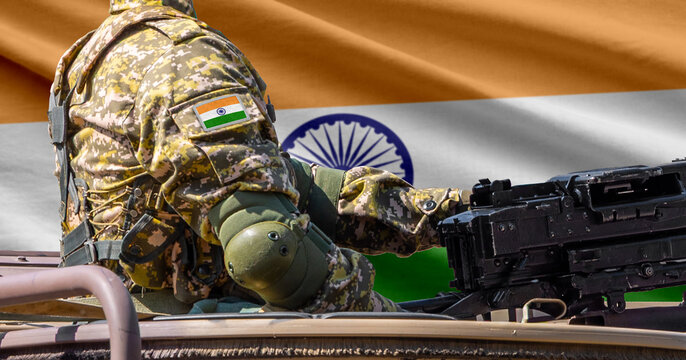 India flag with soldier at machinegun turret
