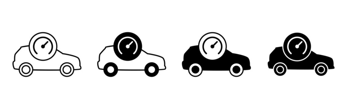 Set of four car icons with speedometer symbols in outline and solid styles.