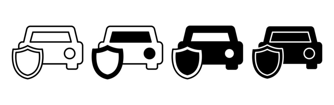 Set of four car insurance icons with shield symbols in various styles.