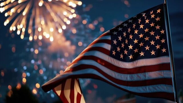 American flag waving proudly against a backdrop of dazzling fireworks and a starry night sky, embodying patriotism and celebration. ..Created with Generative AI, not depicting real subjects.