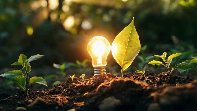 Green Energy Light Bulb with Growing Plants in Nature