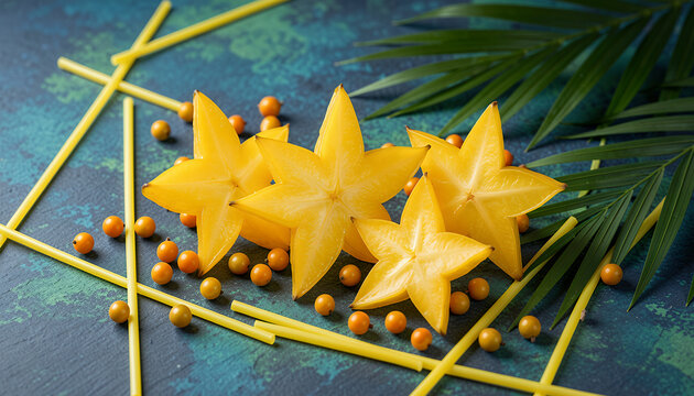 Starfruit slices on tropical blue background with palm leaves