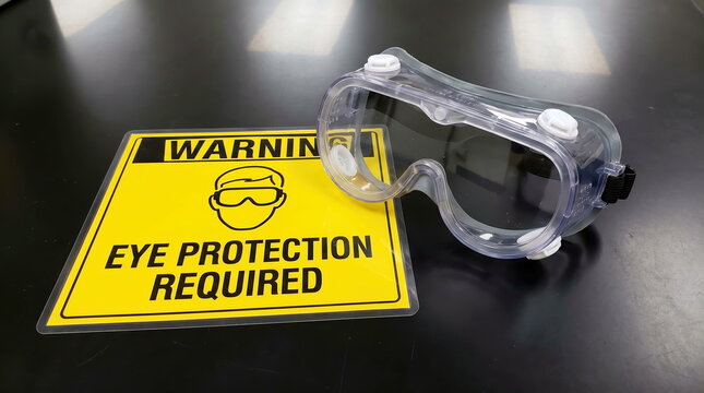 Safety goggles and eye protection required sign on dark surface, personal protective equipment concept.