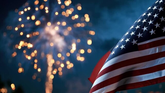A vibrant American flag waves proudly against a backdrop of spectacular fireworks illuminating the night sky. ..Created with Generative AI, not depicting real subjects.