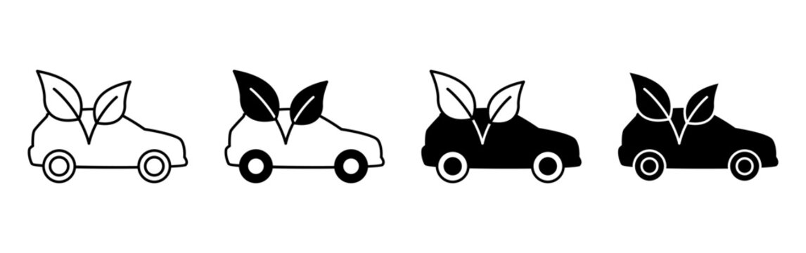 A set of four eco friendly electric car icons featuring leaf designs in outline and solid styles.