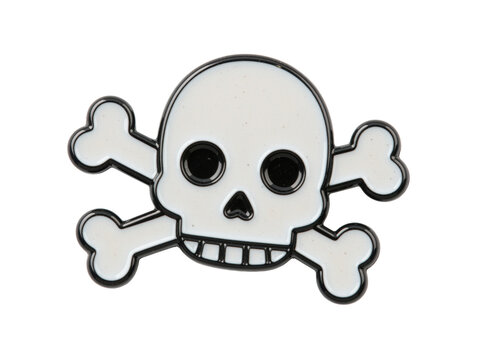 White enamel skull and crossbones pin with black outlines, isolated on transparent background