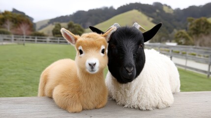 Naklejka premium Adorable baby alpaca and black faced sheep sitting together on a farm fence