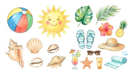Fototapeta premium Watercolor summer beach vacation elements set isolated on white background