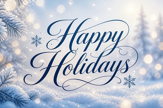 Happy Holidays winter scene with blue snow and twinkling lights