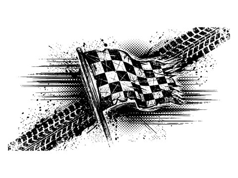 Black grunge racing flag vector with tire tracks, ink splatters, halftone noise, speed distortion overlay