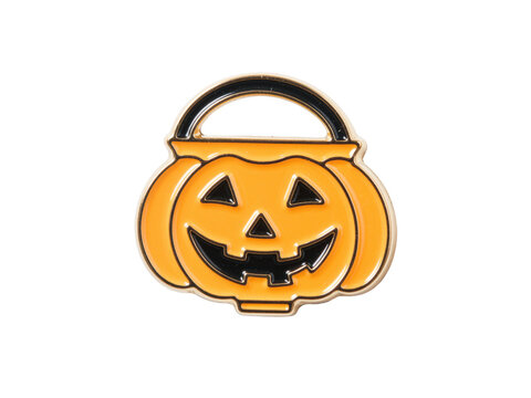 Orange enamel trick or treat pumpkin bucket pin with a handle, isolated on transparent background