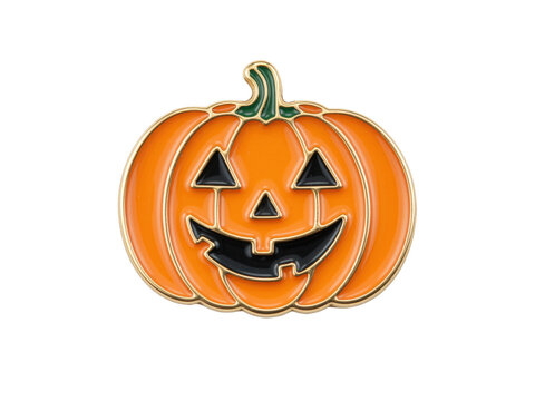 Orange enamel jack o lantern pin with a carved grinning face, isolated on transparent background