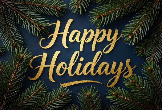 Happy Holidays gold script on blue background with pine branches