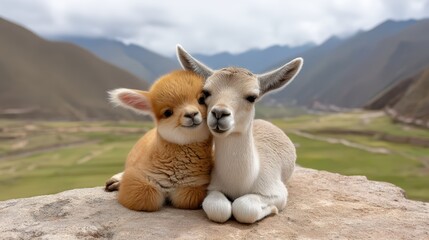 Naklejka premium Two Cute Baby Alpacas Cuddling in the Andes Mountains
