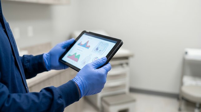Medical professional examines digital diagnostic charts on tablet during patient consultation in clinic