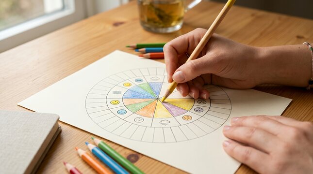 Person filling out a daily mood tracker wheel with colored pencils for mental health tracking.