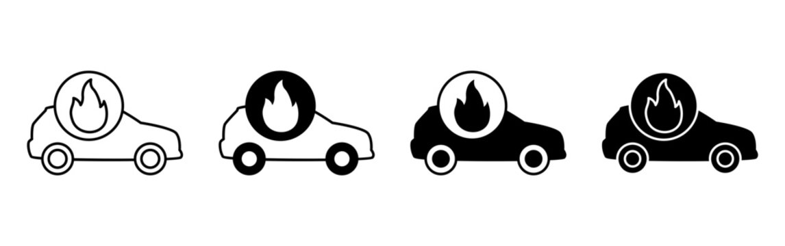 Set of four car icons featuring a fire symbol in different graphic styles.