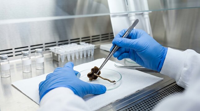 Scientist examines rare mushroom specimen under sterile laminar flow hood in laboratory setting