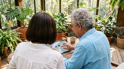 Fototapeta premium Senior couple analyzing financial charts on tablet at home