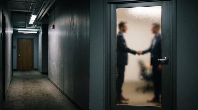 Two businessmen shaking hands behind a closed frosted glass office door