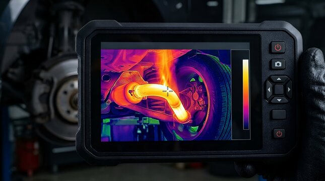 Thermal camera display showing heat gradient on a hot car exhaust pipe in a garage.
