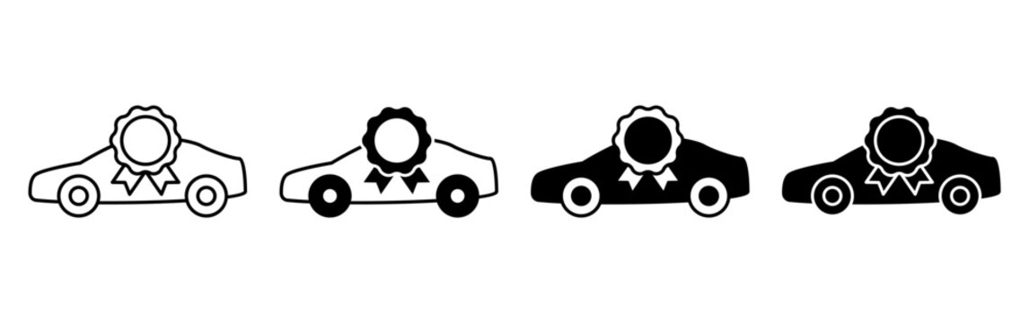 Set of four car icons with award badges in various graphic styles.