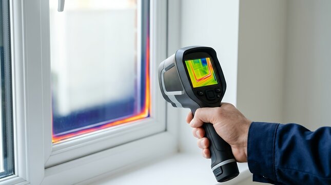 Thermal camera inspecting window for heat loss and energy efficiency audit.
