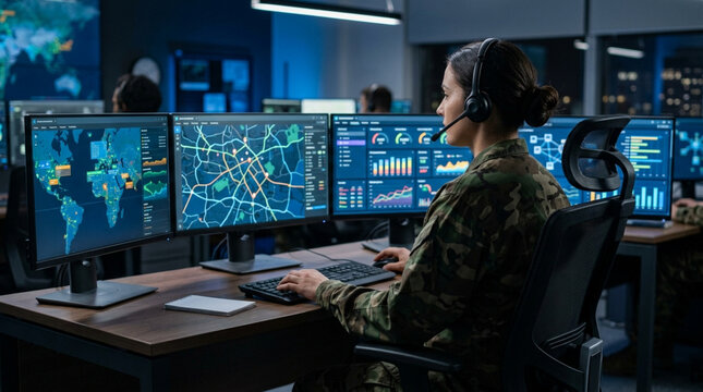 Military intelligence analyst monitors data on multi-screen computer setup in operations center