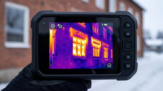 Thermal camera showing heat loss on a building facade during winter for energy inspection.
