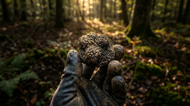 Close-up of rare black truffle held in gloved hand during forest foraging expedition