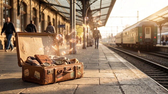 Open vintage suitcase with magical glowing memories on a train platform