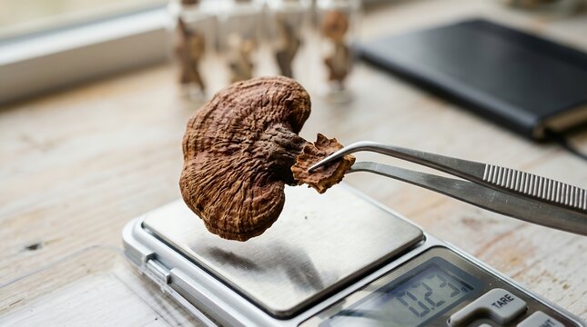 Dried medicinal reishi mushroom held by tweezers over a digital scale for precise weighing.
