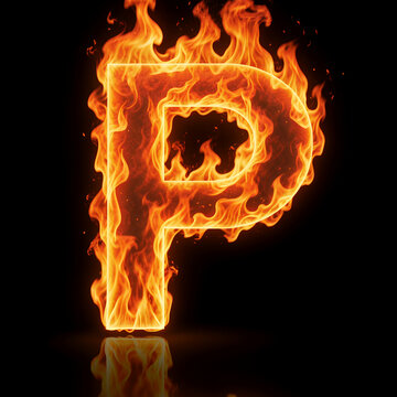 Fiery letter P on black background with flames