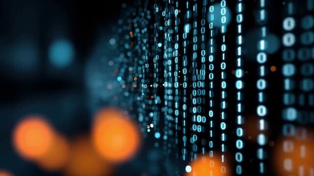 A stream of binary code cascades and illuminates the digital landscape. ..Created with Generative AI, not depicting real subjects.