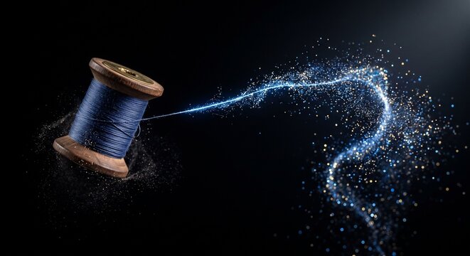 Blue thread unwinding from a wooden spool into a sparkling magical trail of dust