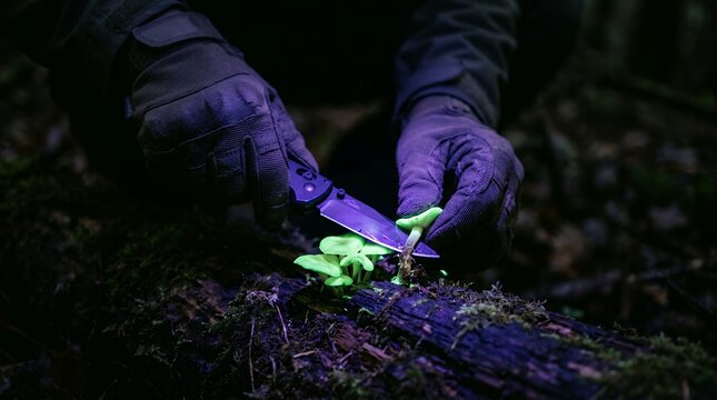 Explorer harvesting bioluminescent wild mushroom with folding knife in dark forest at night.