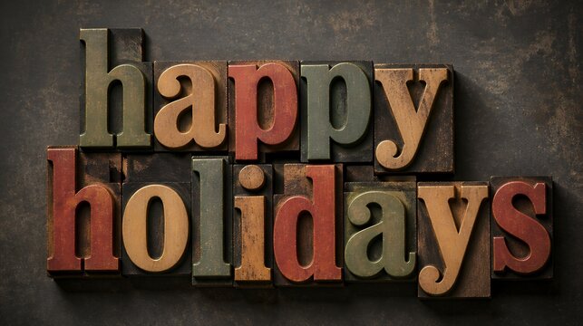 Happy holidays wooden letter blocks decor on dark textured background