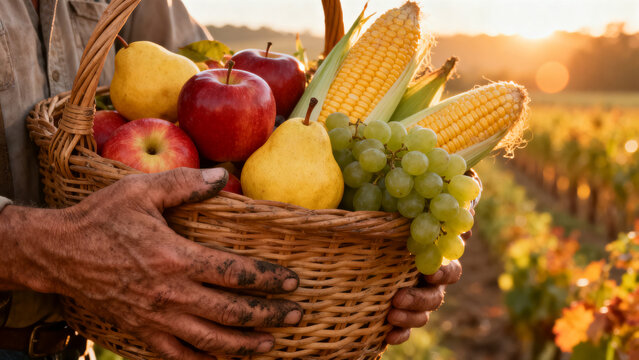 Unrecognizable farmer hands holding basket full of fresh apples grapes and corn in sunny field