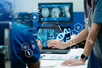 Doctors analyze genetic research, chemical formulas, and holographic medical HUD icons on digital...