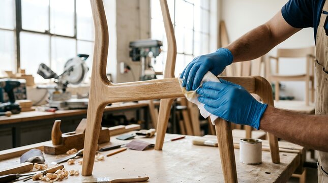 Craftsman applying protective wood varnish to handmade chair frame in sunlit workshop