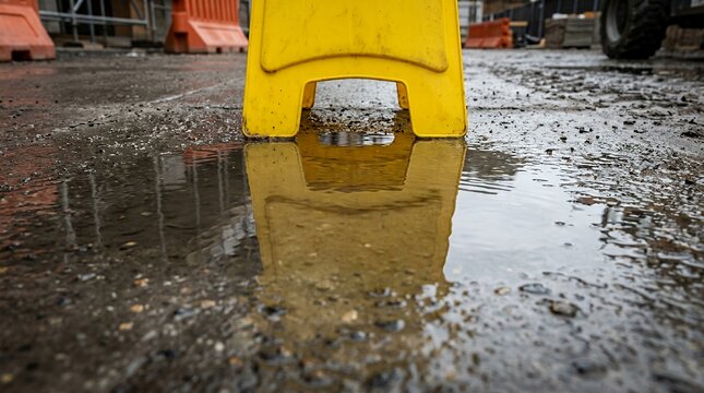 Yellow caution base reflects in rain puddle on wet rough concrete construction surface closeup
