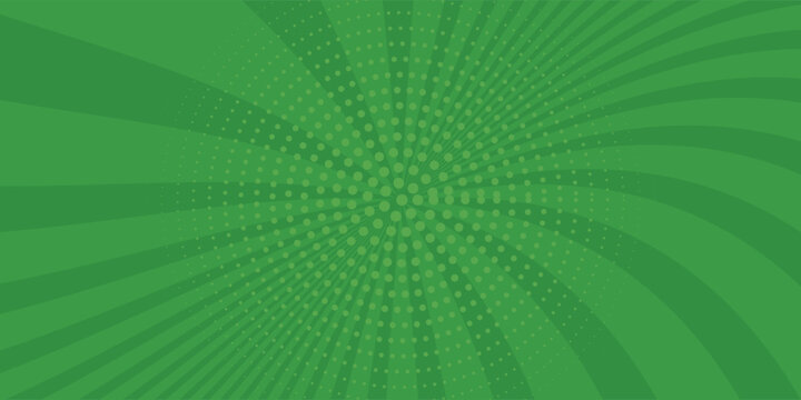 Green pop art comic background with a central sunburst ray pattern and a circular halftone dot effect, ideal for vibrant retro marketing banners and cartoon backdrops.
