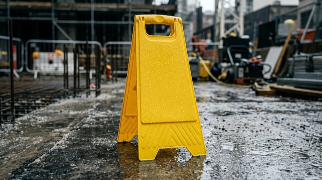 Yellow caution sign on wet concrete at a construction site.