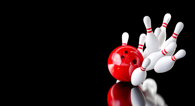Red bowling ball hitting pins creating a strike 3d