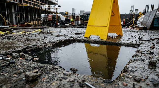 Yellow caution sign reflecting in a rain puddle at an active construction site.