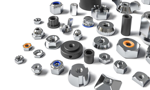 Various metal nuts and fasteners 3d