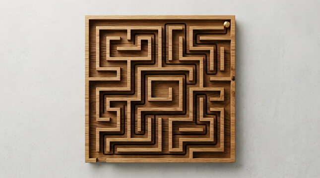 Wooden maze puzzle with metal ball